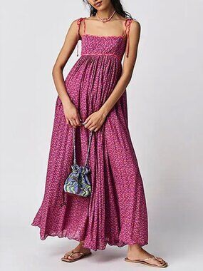 knee length dresses for ladies Elma Pink Satin Wrap Tie Maxi Dress - US 12